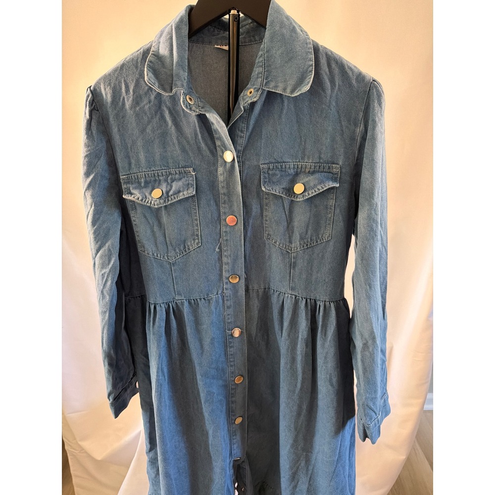 Womens Long Sleeve Denim Midi Dress Ruffle Hem Button Down Blue Large